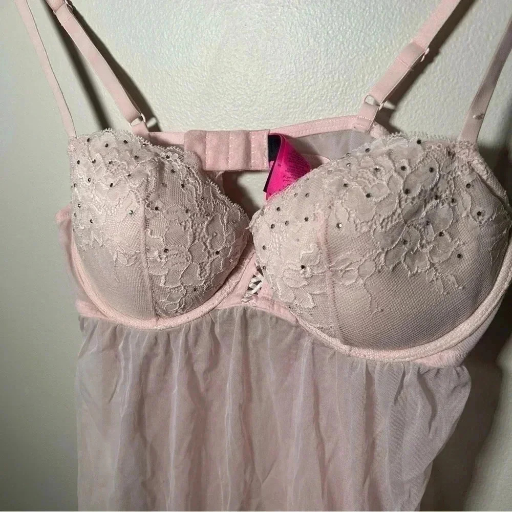 La Senza baby pink and rhinestone baby doll chemise L - Picture 5 of 7